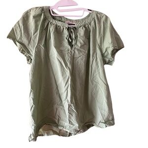 LOFT Light Green Flowy Short Sleeve‎ Tie Neck Blouse